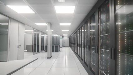 Leinwandbilder - Organized Row of Servers in Long Network Hallway