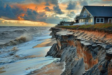 Wall Mural - A coastline eroded by powerful storms, illustrating the intensifying impact of climate-related extreme weather events.