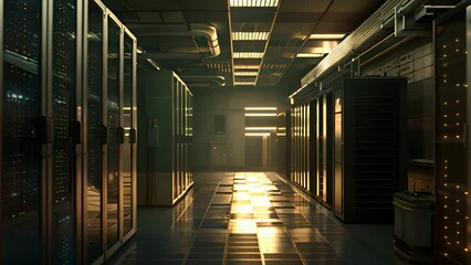 Poster - Dimly Lit Hallway With Rows of Servers