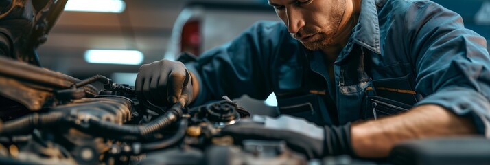 Wall Mural - A focused mechanic repairs a vehicle engine, with tools in hand symbolizing skill