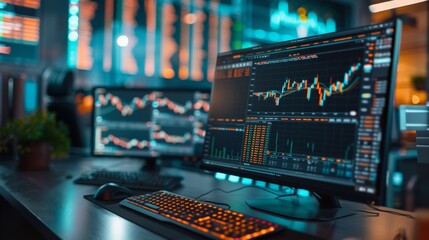 Poster - A computer monitor and keyboard on a desk with stock market data, AI