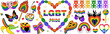 Pride LGBT set. Pride month, love signs and rainbow flags. LGBTQ plus community festival icons hand draw. Y2k trendy style stickers and tattoo ideas.Vector illustration