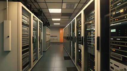 Leinwandbilder - Long Hallway With Rows of Electronic Equipment