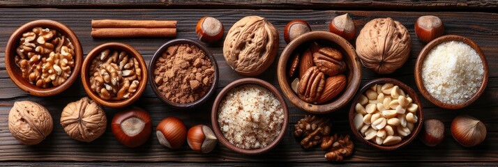 Nuts and seeds on dark wood background, top view with copy space, healthy snack concept