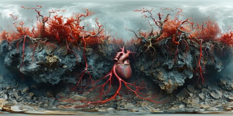 Wall Mural - An immersive 360-degree panorama of the coronary arteries, showcasing their branches and distribution across the heart muscle, supplying