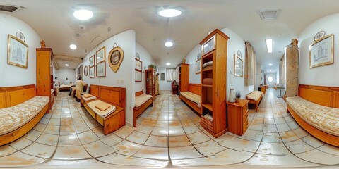 Poster - An immersive 360-degree equirectangular panorama of a hospice facility, with compassionate caregivers providing end-of-life care and support to