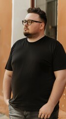 Wall Mural - Big size fat adult man model in Blank black T Shirt for design mockup