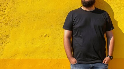 Wall Mural - Big size fat adult man model in Blank black T Shirt for design mockup