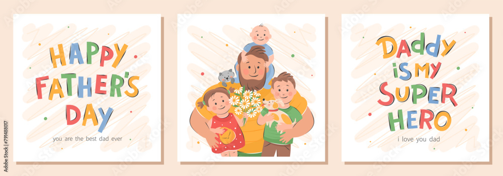 Happy Fathers Day card set. Vector cute illustration of dad with ...
