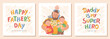 Happy Fathers Day card set. Vector cute illustration of dad with children. Drawings Father's Day with holiday wishes for postcards, posters,  banner.