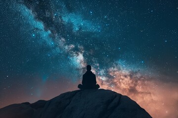 silhouetted figure meditating under a star-filled sky on a serene night