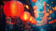 A bunch of red chinese lanterns are lit up in the night, AI