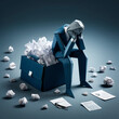 A businessman struggles under the weight of paper origami representing work burdens and stress
