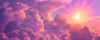Hot summer or heat wave background, purple sky with clouds and glowing sun