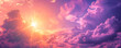 Hot summer or heat wave background, purple sky with clouds and glowing sun