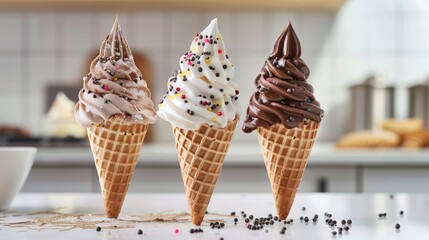 Canvas Print - Three freshly served ice cream cones with sprinkles on a kitchen counter.