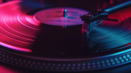 Close-up of a spinning black vinyl record on a DJ turntable with vibrant red lighting