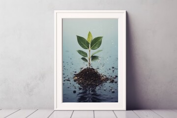 Wall Mural - A picture of a small sprout plant in a frame on a green cement wall with indoor plants for indoor decorating. Generative AI.