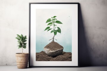 Wall Mural - A picture of a small sprout plant in a frame on a green cement wall with indoor plants for indoor decorating. Generative AI.