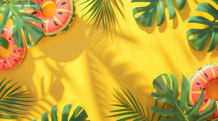 Poster - Tropical themed backdrop with inflatable watermelon rings and palm leaves.