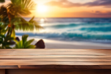 empty wooden table for display or product showcase with blurry summer background scene