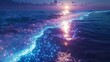 Magical ocean waves glowing with bioluminescence under the night sky, a fusion of nature and fantasy