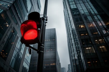 Canvas Print - Red traffic light in focus with moody urban skyscrapers in the background