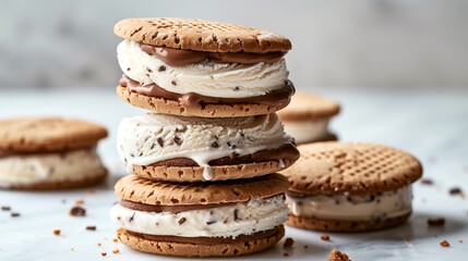 Sticker - A close-up of stacked ice cream sandwiches with melting ice cream