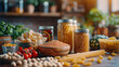 Set of raw cereals, grains, pasta and canned food on the table, hyperrealistic food photography