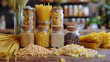 Set of raw cereals, grains, pasta and canned food on the table, hyperrealistic food photography