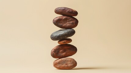 A vertical stack of various colorful cacao pods on a textured surface.