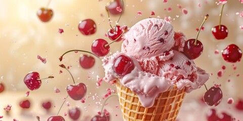 Wall Mural - Cherry ice cream in a waffle cone close-up and flying cherries, summer creative concept