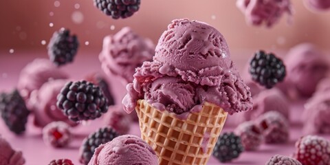 Wall Mural - Blackberry ice cream in a waffle cone close-up and flying blackberries, summer creative banner