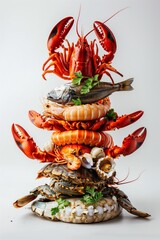 Canvas Print - A towering assortment of various cooked seafood with greens on white background.