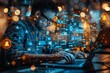 © Larisa AI - Person engages with a laptop surrounded by complex digital networks and information flows
