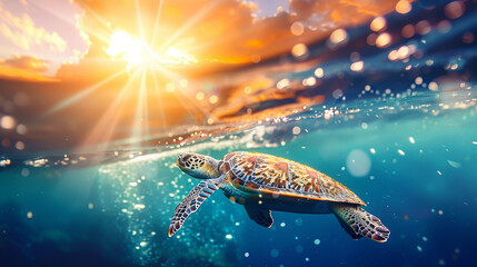 Wall Mural - A turtle swimming in the ocean with the sun shining on it