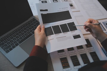 Wall Mural - ux ui design process for modish mobile application and website . creative prototype of wireframe for
