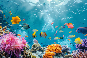 Wall Mural - A colorful fish tank with a variety of fish swimming around