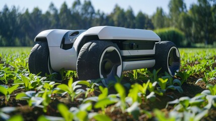 Wall Mural - A robot is sitting in a field of grass with wheels, AI