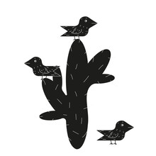 Mexican Art With Woodcut Birds Family On The Cactus Isolated White Background. Simple Black Starlings In Trend Brazilian Cordel Style. Minimal Vector Can Used Poster, Banner Design, T-shirt Print