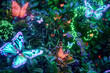 A surreal landscape where nature and technology intertwine. Vines adorned with glowing data nodes snake through a dense jungle of circuitry and digital foliage, with butterflies flying around