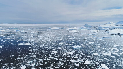 Wall Mural - Climate Change: Melting Ice. Aerial Flight Over Antarctica Ice Frozen Ocean Water. Drone Overview Of Polar Ocean. Pieces Of Ice, Snow Floating In Cold Water. Wild Untouched Environment. Permafrost.