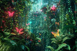 A surreal landscape where nature and technology intertwine. Vines adorned with glowing data nodes snake through a dense jungle of circuitry and digital foliage, with butterflies flying around