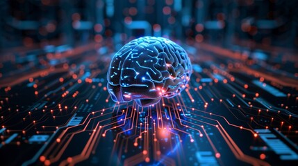 Poster - A futuristic image of a brain on top of circuit board, AI