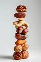 Wall Mural - A balanced stack of various whole nuts against a light background