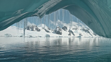 Close up glacier arch at turquoise water of Southern Ocean aerial. Climate changing with melting snow and ice. Environment ecology problem of white desert continent of Antarctica. Global warming issue