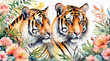 Closeup of two bengal tigers lying down in a bush, watercolor painting style, generative AI.