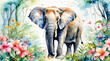 Elephant in the forest surrounded by flowers blossom, watercolor painting style, generative AI.