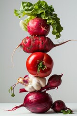 Wall Mural - A stack of fresh assorted vegetables balanced on top of each other.