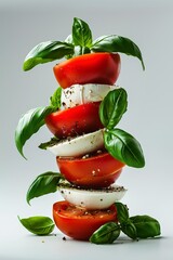 Wall Mural - A stacked caprese salad with ripe tomatoes, mozzarella cheese, and basil leaves